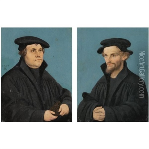 Portrait Of Martin Luther (+ Portrait Of Philip Melanchthon; Pair) Oil Painting - Lucas Cranach the Elder