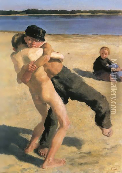 Wrestling Boys 1901 Oil Painting - Mund Hugo