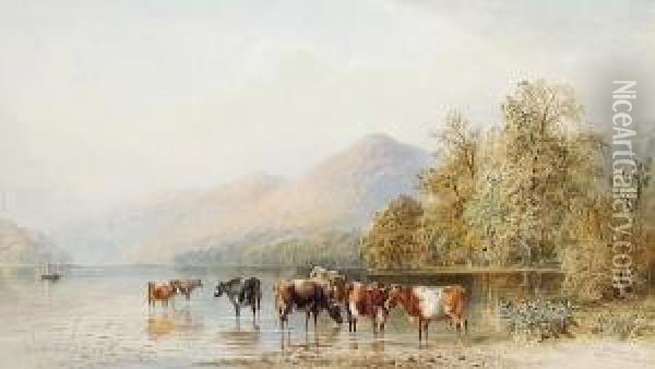 Cattle Watering At Lake Windermere Oil Painting - Cornelius Pearson