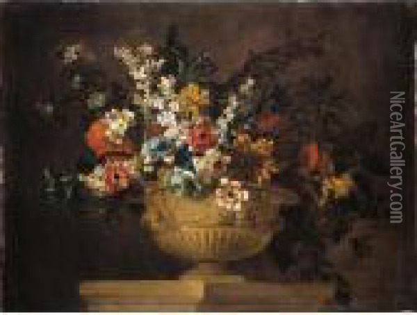 Still Life Of Various Flowers In An Urn Resting On A Ledge Oil Painting - Jean-Baptiste Monnoyer