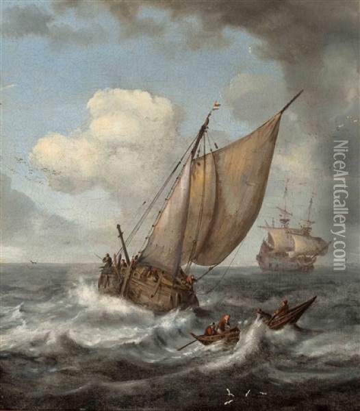 A Fishing Boat, A Rowing Boat And A Dutch Three-master In Choppy Waters Oil Painting - Pieter Mulier the Elder