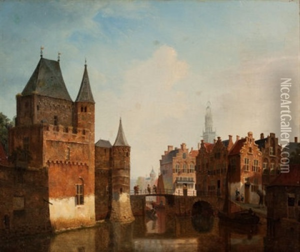 Village Canal Scene Oil Painting - Heinrich Jacob Levelt