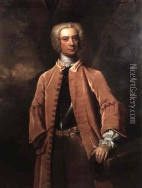 Portrait Of A Gentleman Believed To Be Captain The Hon.     John Crosby Standing Three Quarter Length Wearing A Breast Oil Painting - George Knapton