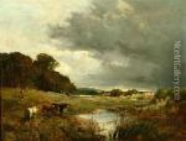 Figures And Cattle In A River Landscape Under A Cloudy Sky Oil Painting - Sidney Richard Percy
