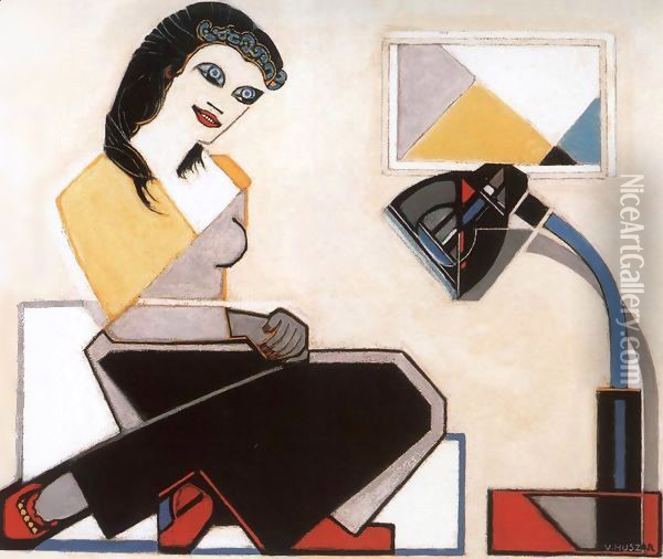 Young Woman with Geometrical Picture and Bauhaus Lamp Oil Painting - Tibor Boromisza