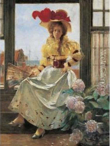 Portrait Of Mlle. F. Seated At A Window Holding A Fan, Deauville Oil Painting - Francois Flameng