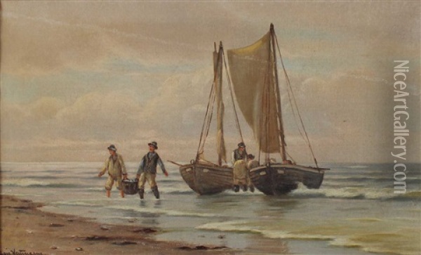 Zwei Fischerboote Am Strand Mit Fischern Beim Ausladen Ihres Fangs Oil Painting - Johan Jens Neumann