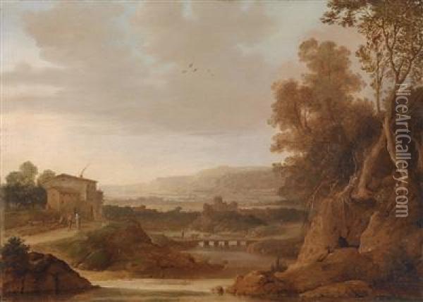 Southern River Landscape With Bridge And Shepherd Group Oil Painting - Dirck Verhaert