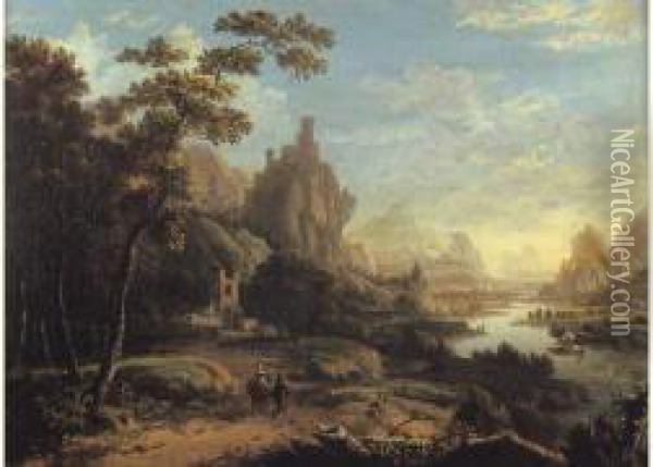 Promeneurs Dans Un Paysage De La Vallee Du Rhin Oil Painting - Dionys Verburgh