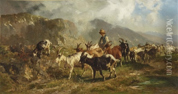 Goatherd In The Mountains Oil Painting - Anton Braith