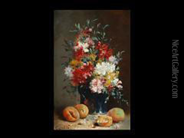 Stilleben Mit Blumenvase Und Aprikosen Oil Painting - Eugene Henri Cauchois