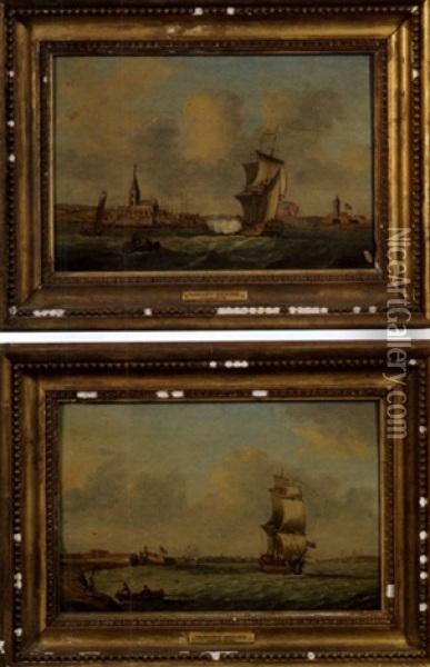 British Naval Harbor Scene (+ Another, Similar; 2 Works) Oil Painting - Monamy Swaine