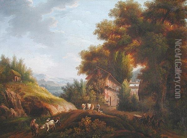 Paesaggio Con Armenti, Pastori E Casolare Oil Painting - Johann Gottlieb Hackert