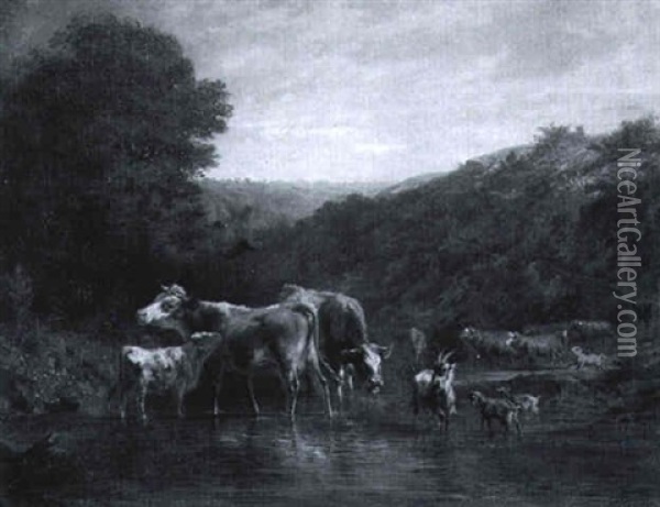 Vaches Au Bord De L'eau Oil Painting - Charles (Jean-Ch. Ferdinand) Humbert