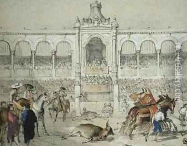 Seville Bullfight Removing the dead bull from the ring Oil Painting - John Frederick Lewis