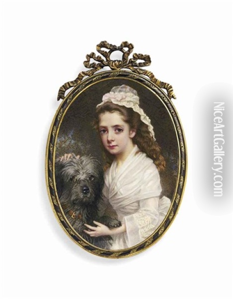 Marie Evelyn, Viscountess Byng Of Vimy, Nee Moreton (1870-1949), In White Dress With Fichu, Wearing Lace Cap With Ribbon, Her Dog Beside Her... Oil Painting - Eduardo De Moira