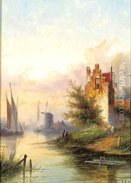 A river landscape with a fortified mansion Oil Painting - Jan Jacob Coenraad Spohler