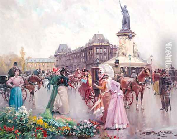 Buying flowers in a Parisian street Oil Painting - Joan Roig Soler