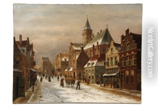 Netherlands Street In Winter Oil Painting - Adrianus Eversen