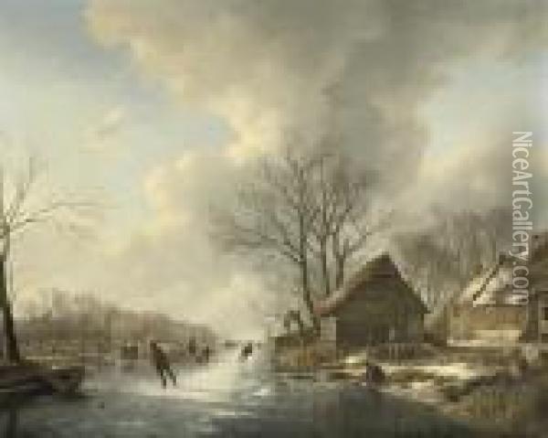 Skaters Near A Farmhouse In Winter Oil Painting - Andreas Schelfhout