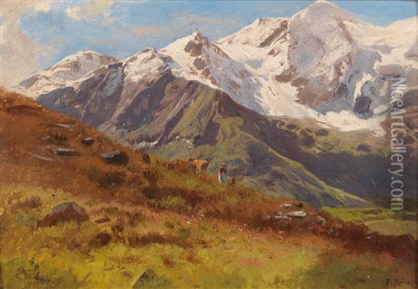 Herdswoman On The Alpine Pastures In Front Of A Snow-capped Mountain Oil Painting - Franz Reinhold