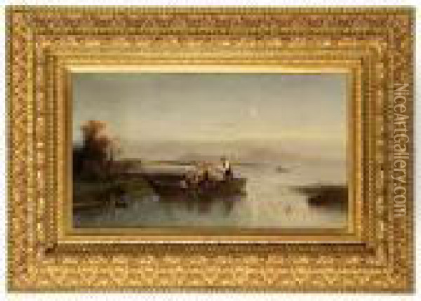 Coming To Shore, Lake Chiemsee, Bavaria, Circa1885 Oil Painting - Conrad Wimmer