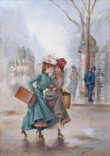 Deux Jeunes Filles Sur Les Grandsboulevards Oil Painting - Leonie Lebas