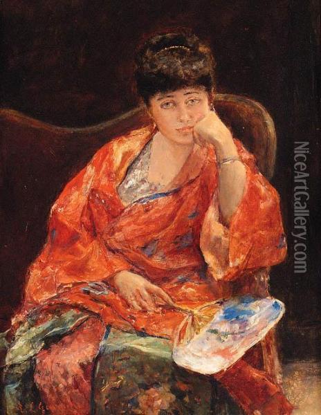 A Seated Lady Holding A Fan Oil Painting - Eduardo Leon Garrido