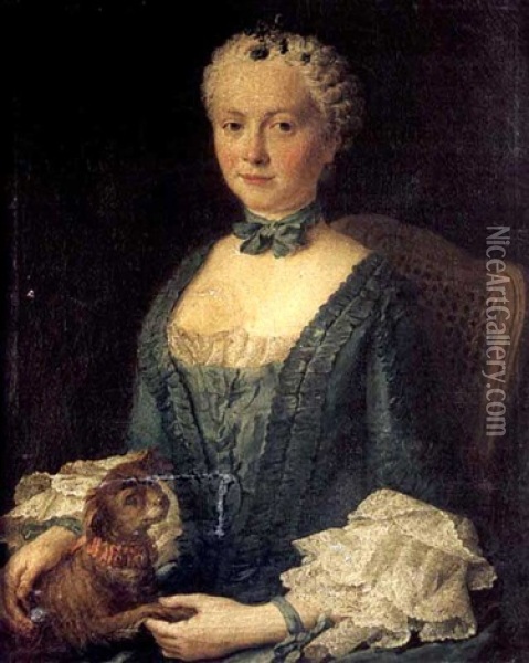 Portrait De Jeune Femme A La Robe Bleue Et Au Petit Chien Oil Painting - Marianne Loir