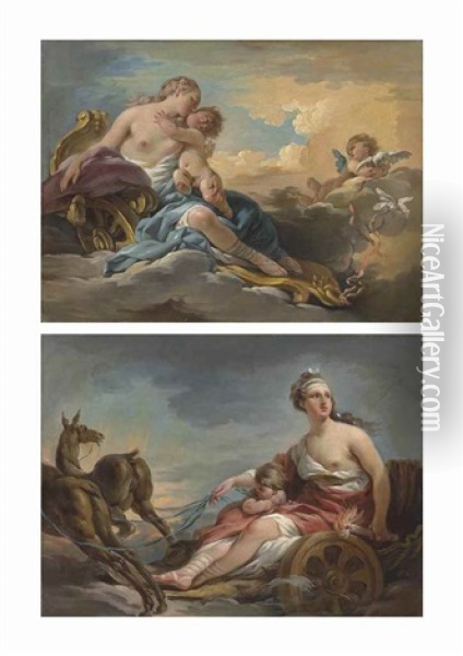 Venus And Cupid In A Chariot Drawn By Doves, With A Putto; And Diana And Cupid In A Chariot Drawn By Stags (pair) Oil Painting - Noel Halle