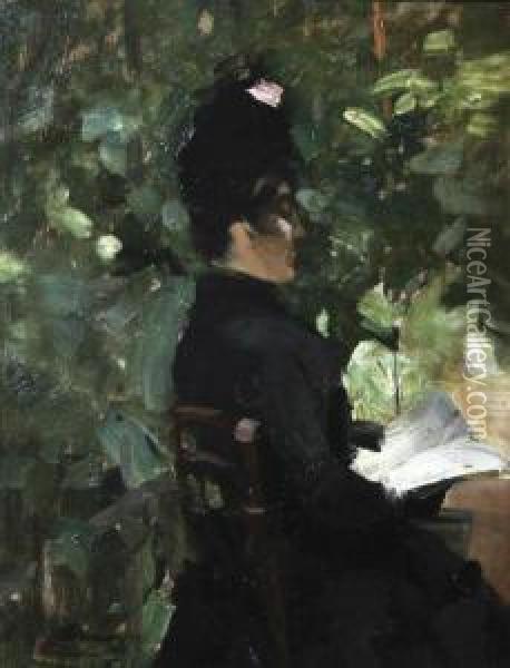 Femme Assise Dans Un Jardin Lisant Oil Painting - Alfred Smith