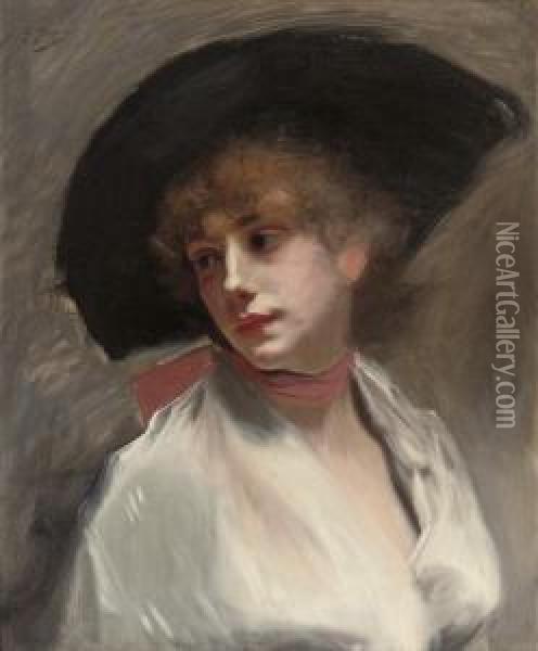 An Elegant Lady In A Black Hat Oil Painting - Gustave Jean Jacquet