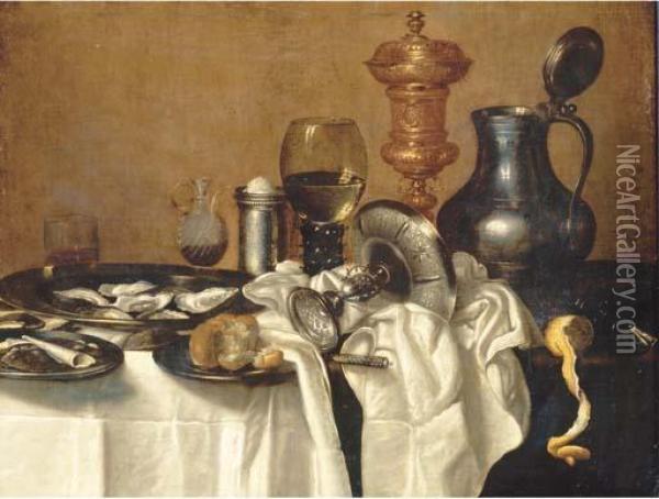 Oysters, A Bun And Smoking 
Utensils On Pewter Plates, With Anupturned Silver Tazza, A Knife, A 
Partly-peeled Lemon, An Upturnedberkemeier, A Silver Salt And A Giant 
Roemer On A Partly-drapedtable Oil Painting - Cornelis Mahu