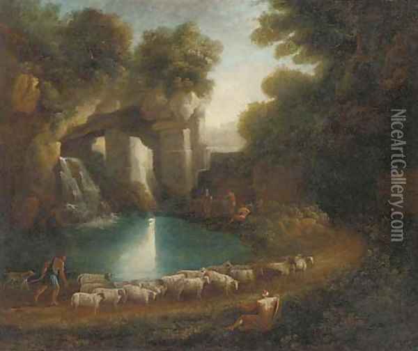A wooded clearing with a shepherd and his flock and anglers by a waterfall beneath classical ruins Oil Painting - Claude Lorrain (Gellee)