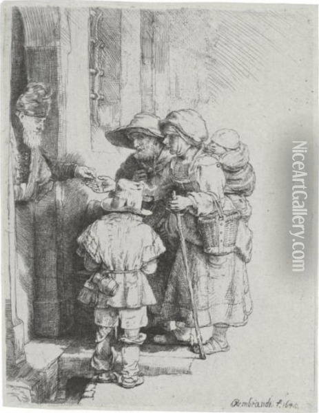 Beggars Receiving Alms At The 
Door Of A House (bartsch., Hollstein 176; Hind 233; Bjorklund &amp; 
Barnard 48-c) Oil Painting - Rembrandt Van Rijn