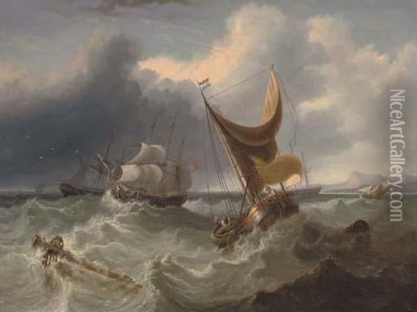 A Crowded Merchantman In The Channel Amidst Other Shipping Oil Painting - James Duffield Harding