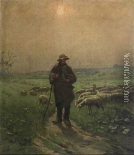 Berger Et Ses Moutons Oil Painting - David Eugene Girin