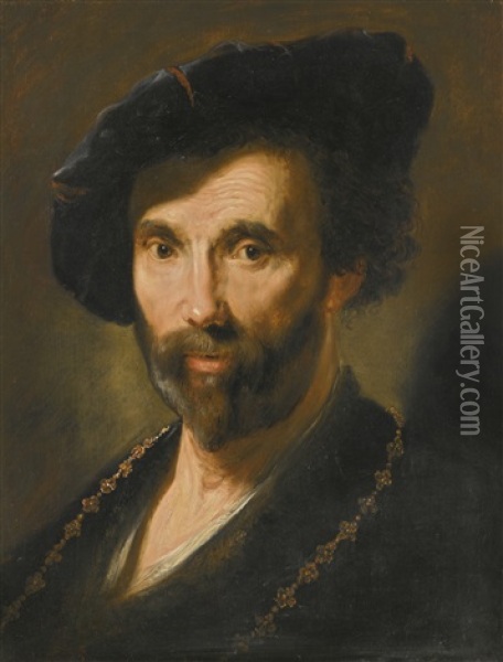 Portrait Of A Man, Head And Shoulders, Wearing A Blue Velvet Cap And Gold Chain Oil Painting - Jacques des Rousseaux