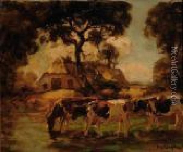 Three Cows By A Farm Oil Painting - Fedor Van Kregten