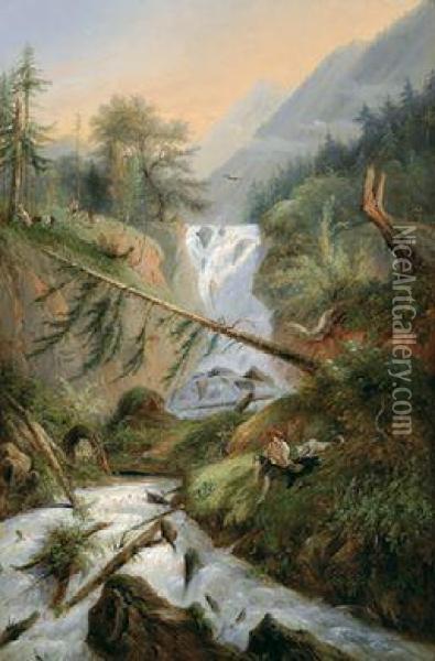 Rastender Hirte Am Wasserfall Oil Painting - Alexandre Calame