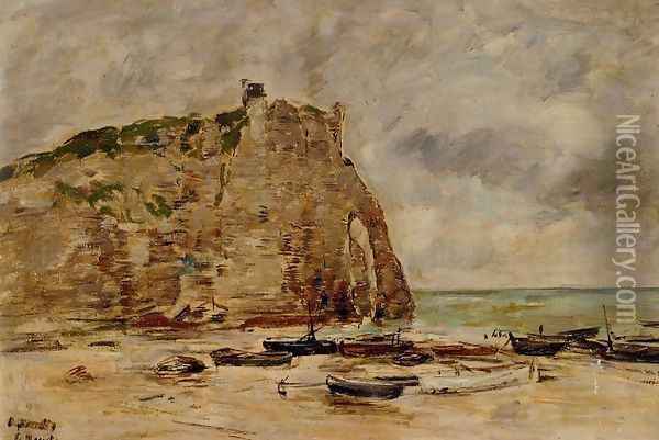 Etretat, Beached Boats and the Cliff of Aval Oil Painting - Eugene Boudin