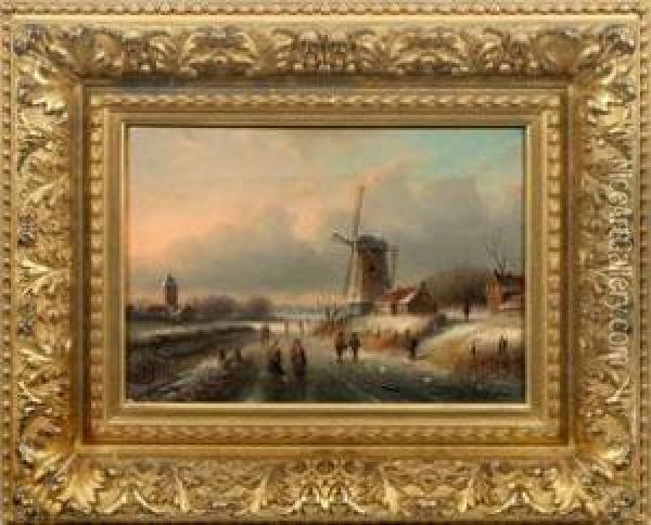 Eislauffreuden An Einer Windmuhle Im Abendlicht Oil Painting - P. Williot