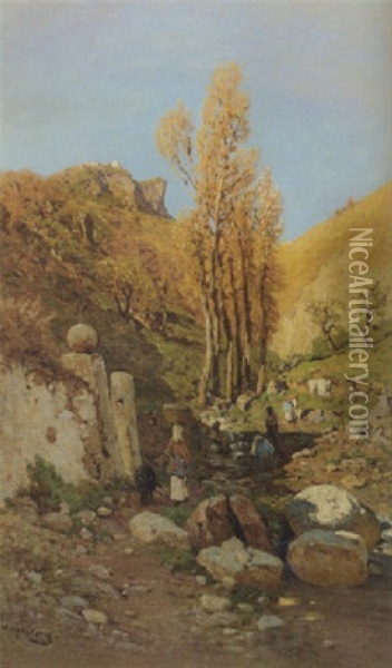 Washerwomen At Work In A Brook, Sicily Oil Painting - Otto Geleng
