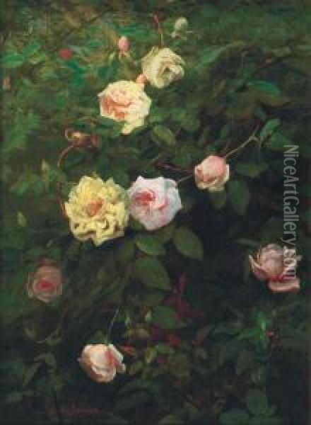 Pink And Yellow Roses Oil Painting - George Cochran Lambdin
