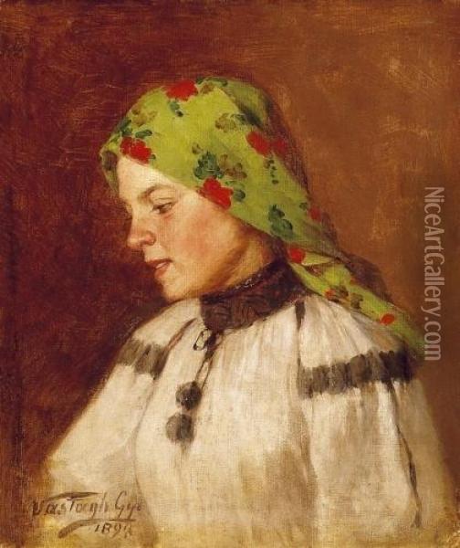 Woman In Green Head-scarf Oil Painting - Gyorgy the Elder Vastagh