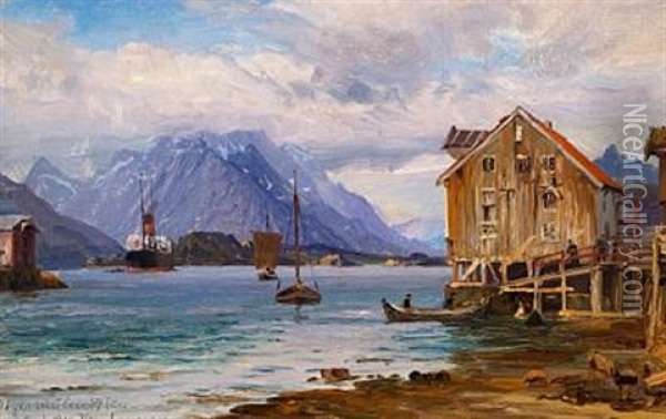 Ships And Houses In A Norwegian Inlet Oil Painting - Vilhelm Karl Ferdinand Arnesen