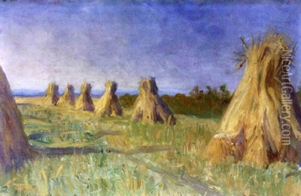 Bright Harvest Landscape With Cornstacks In Foreground Oil Painting - Constance Gore-Booth (Countess Markievicz)