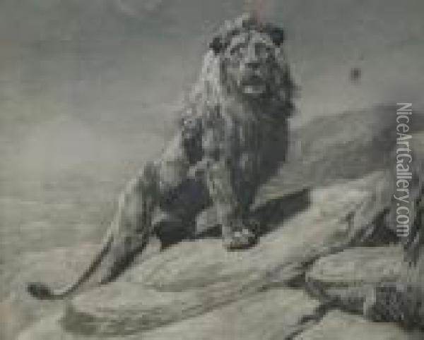 Lion On A Rocky Outcrop Oil Painting - Herbert Thomas Dicksee