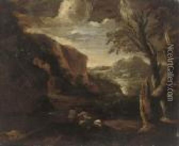 A Rocky Wooded River Landscape With Figures And A Dog On A Bank,mountains Beyond Oil Painting - Salvator Rosa