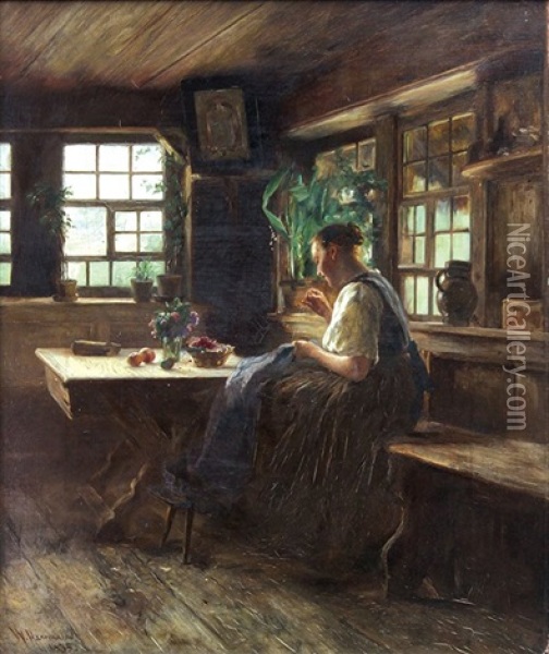 Woman Mending An Interior Oil Painting - Wilhelm Gustav Friedrich Hasemann